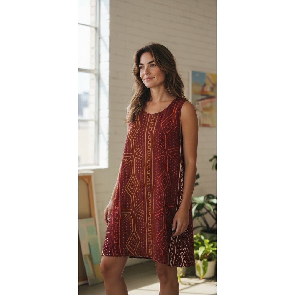 Arawak Virgin Islands Red Tribal Batik Print Sleeveless Shift Dress Small